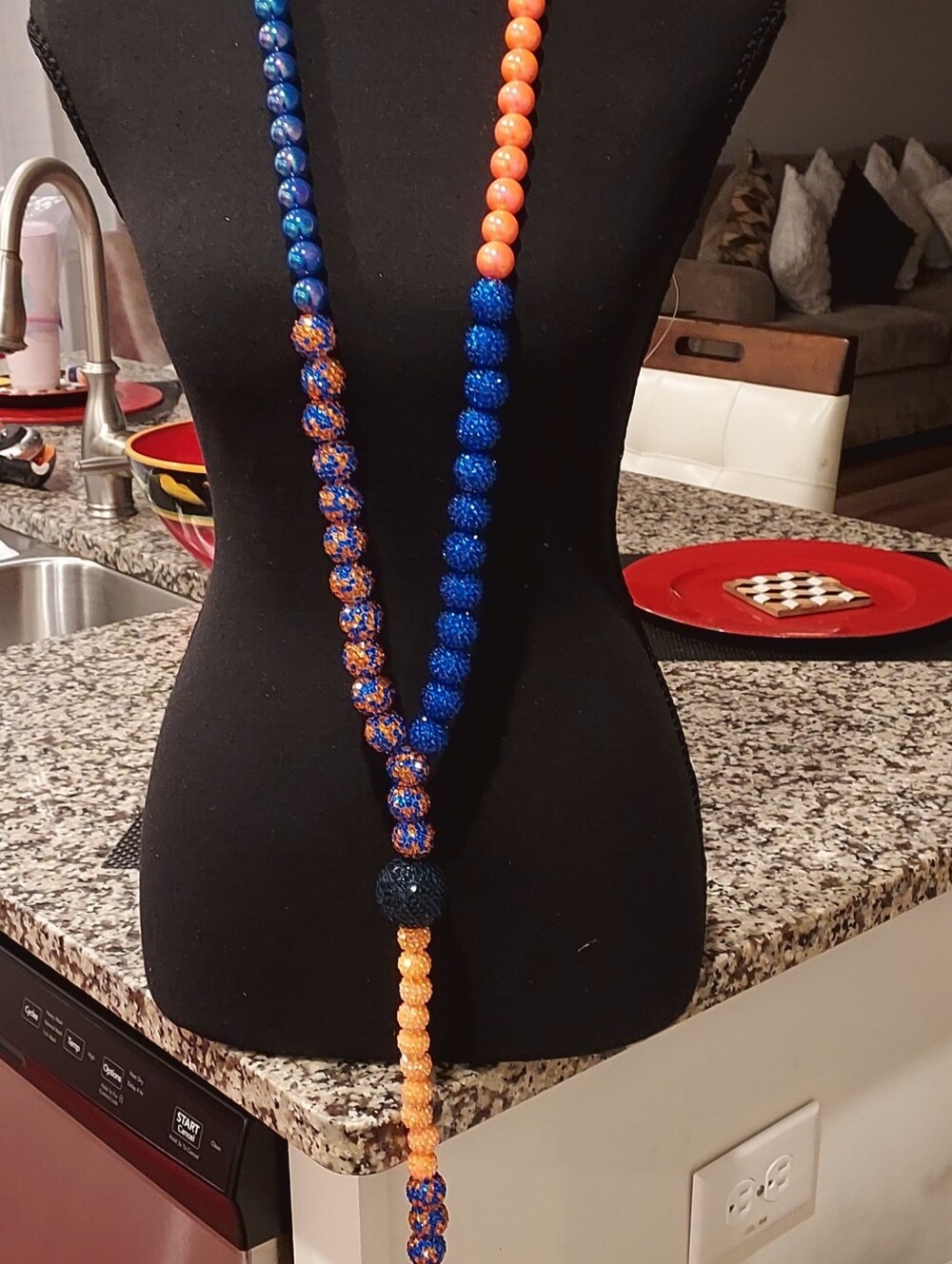 Long Beaded Statement Necklace in Blue and Orange